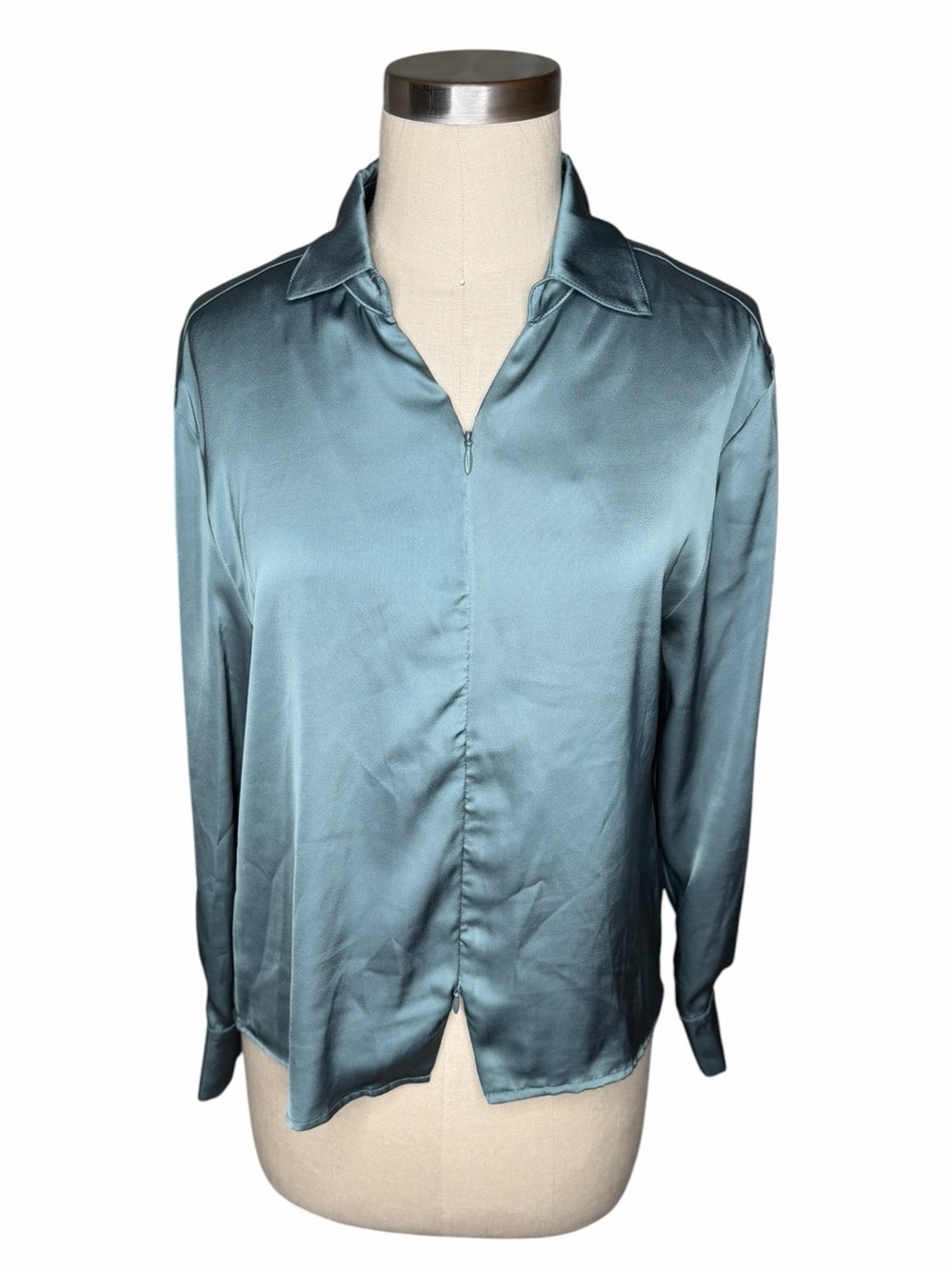 EVEREVE Carrie Double Zip Satin Shirt Dusty Teal Collared Blouse Women's Size XS - Picture 2 of 6